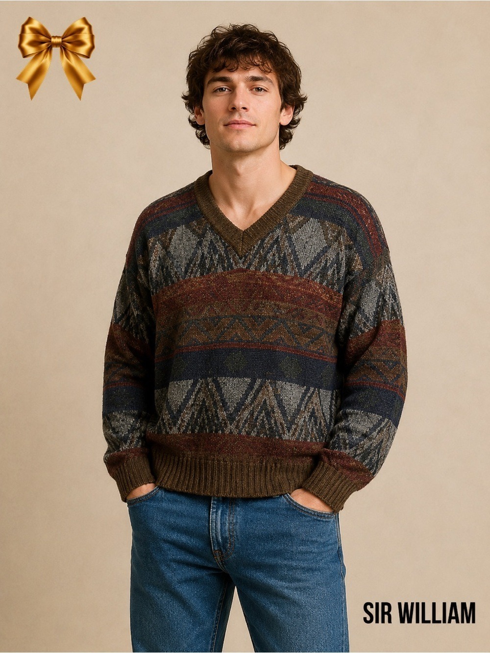 Sir William Vintage Geometric Knit Sweater Multi Colored Men’s XL Made in Korea